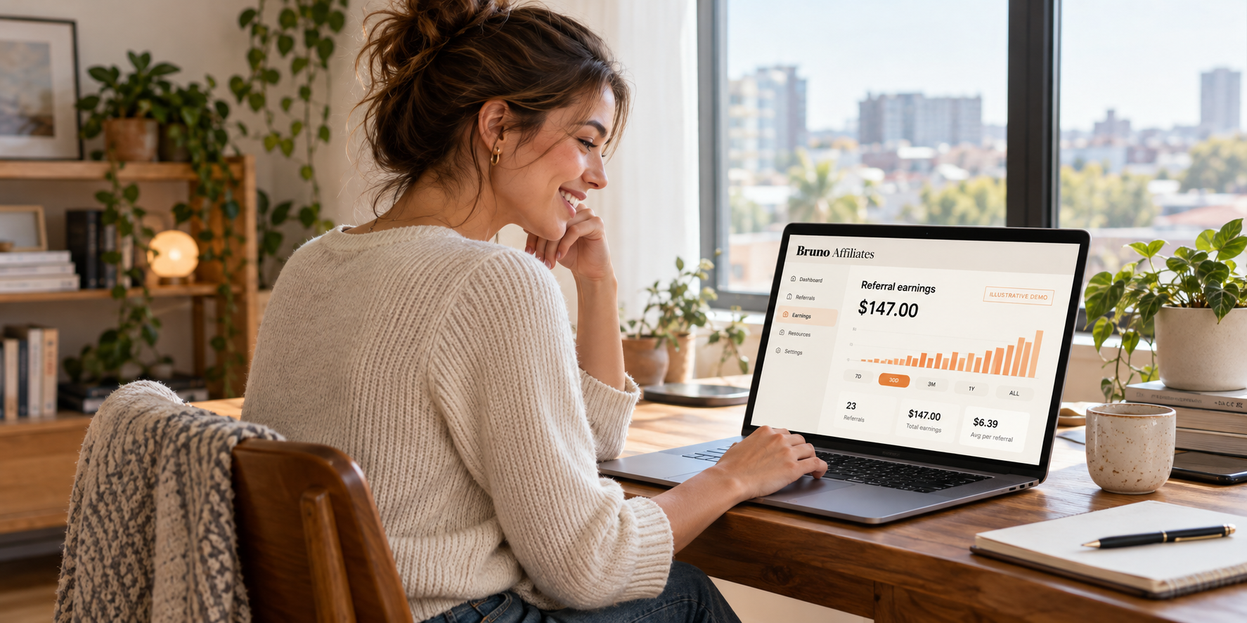 A young adult woman smiles at an illustrative Bruno Affiliates earnings dashboard on her laptop.